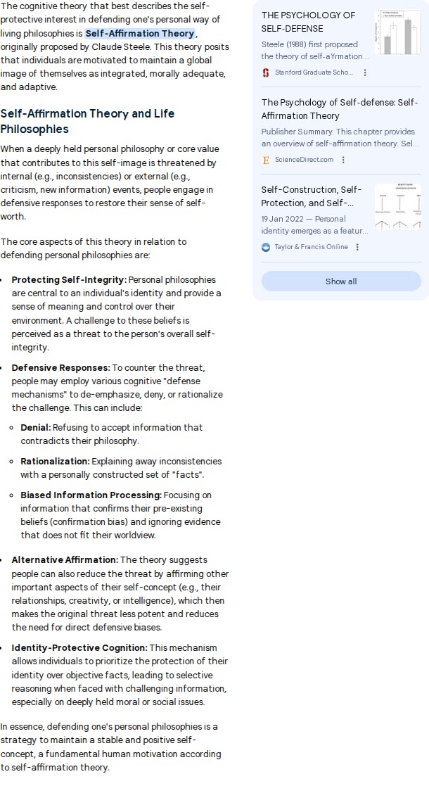 Google Search overview, generated with Google's AI and data, about a theory that explains defending oneself's way of living.